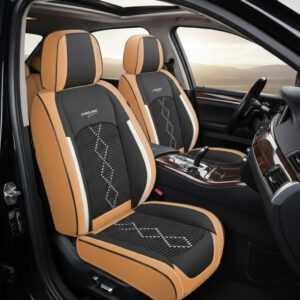 Huse auto premium 5 locuri Carguard Deluxe piele ecologica perforata si textil - maro caramel